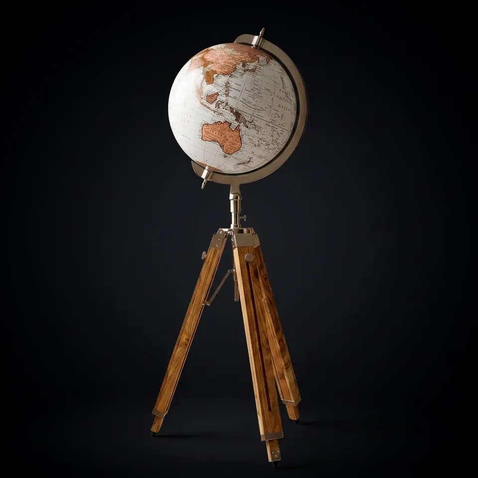 Vintage Dark Globe with Antique Brass Ring on Dark Brown Wooden Tripod Stand