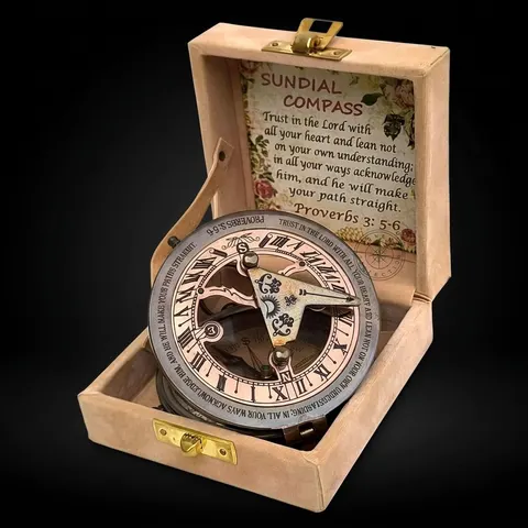 Antique Brass Sundial Compass with Velvet Box view 1