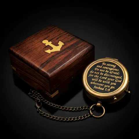 Be Strong and Courageous Compass, Wooden Box view 1