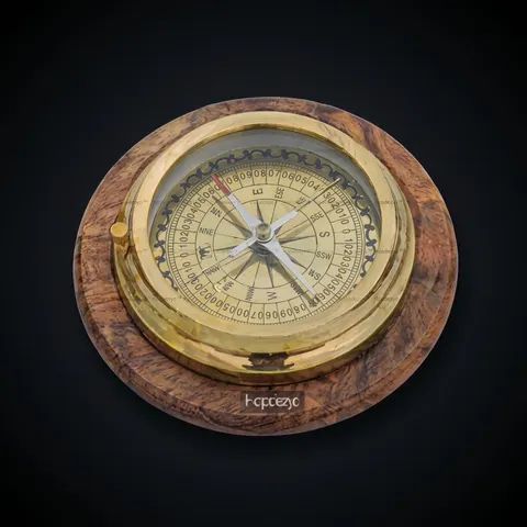 Polished Brass Compass, Wooden Box view 1