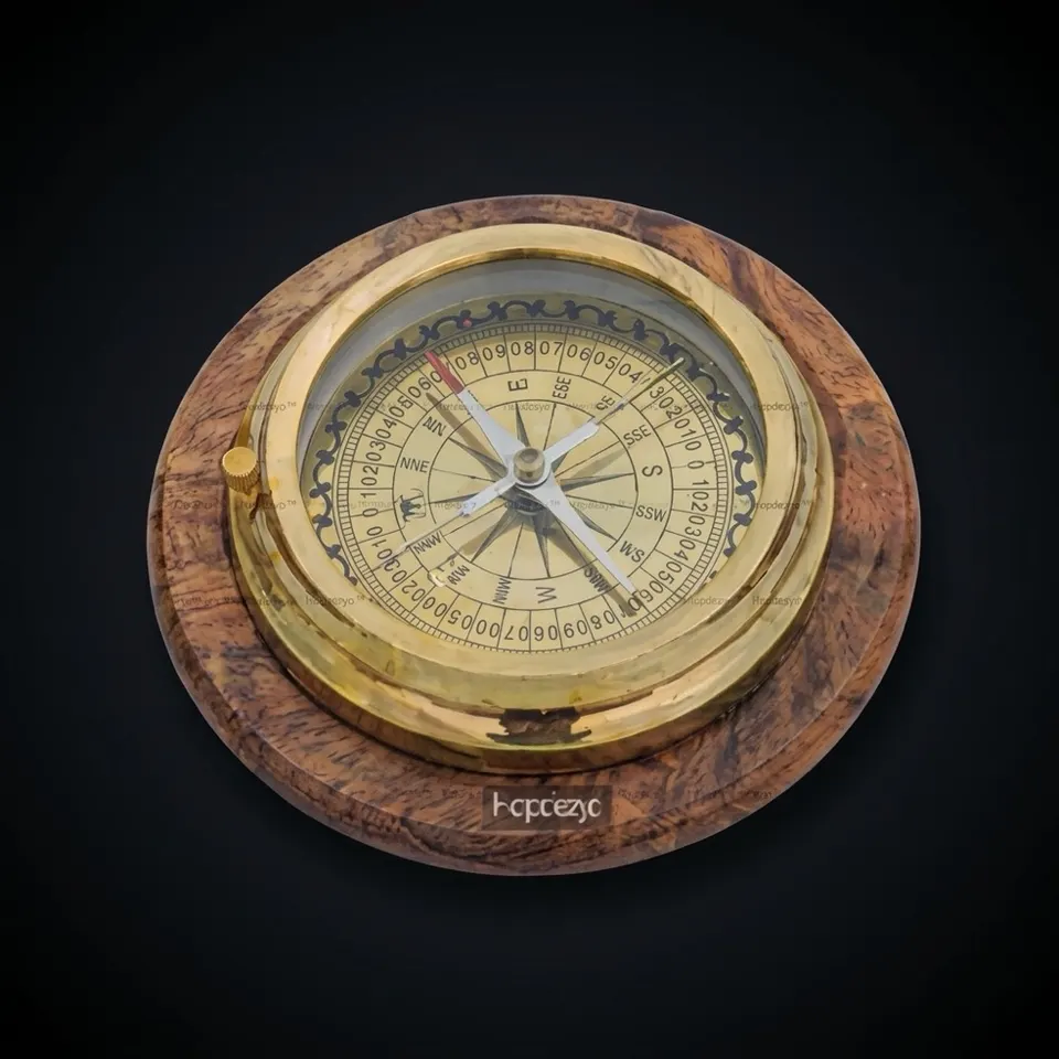 Polished Brass Compass, Wooden Box