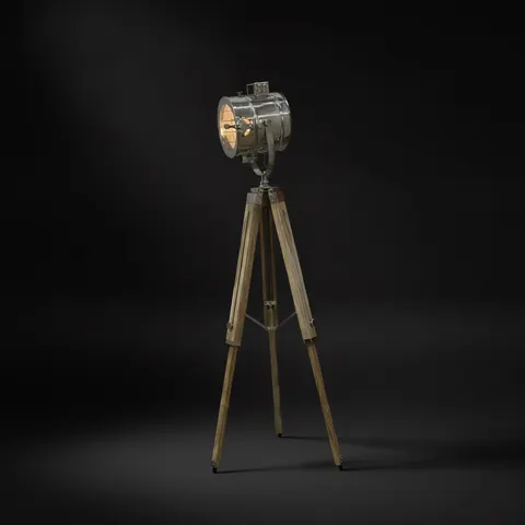 Chrome Spotlight on Teak Wood Tripod view 1