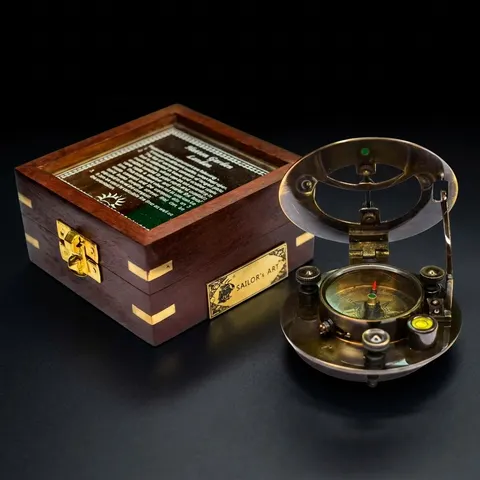 Black Antique Brass Sundial Compass with Glass-Topped Wooden Presentation Box view 1