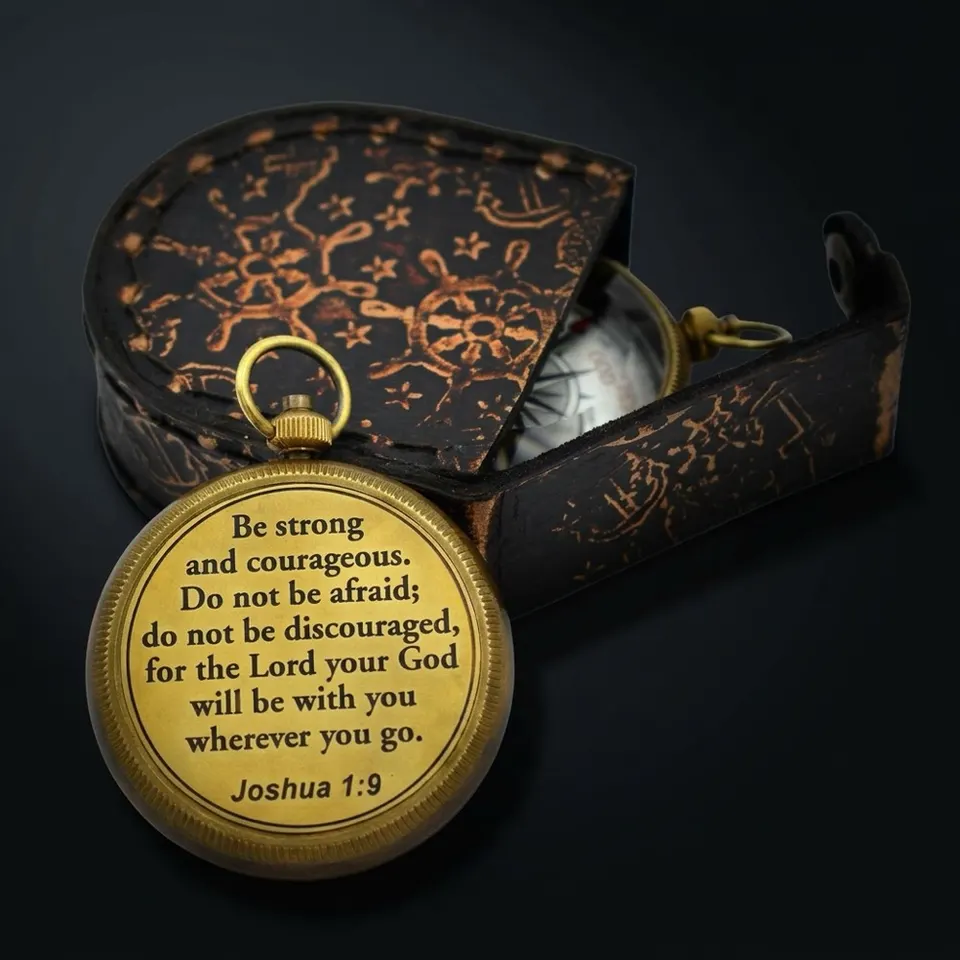 Joshua 1:9 Compass, Leather Case