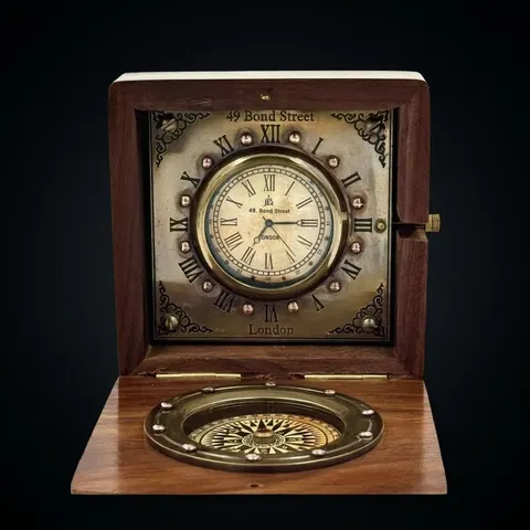 Foldable Rosewood Box Clock with Working Compass view 1