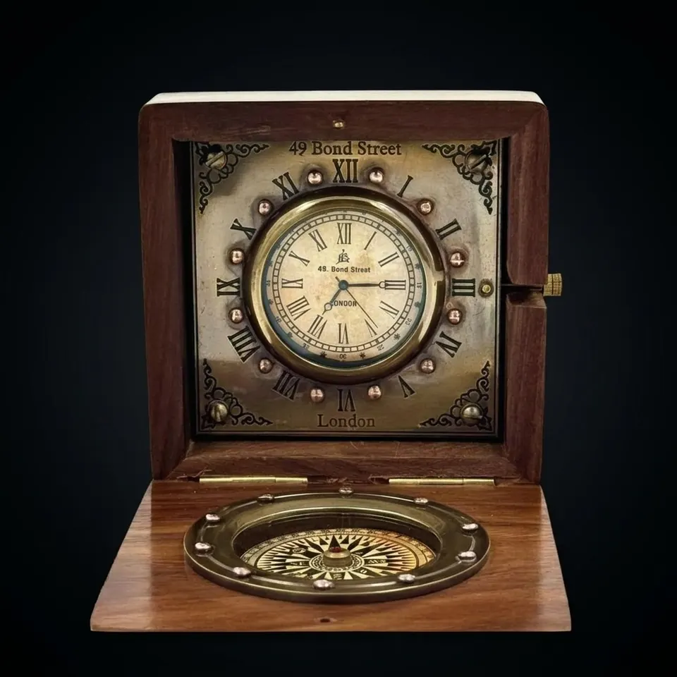 Foldable Rosewood Box Clock with Working Compass