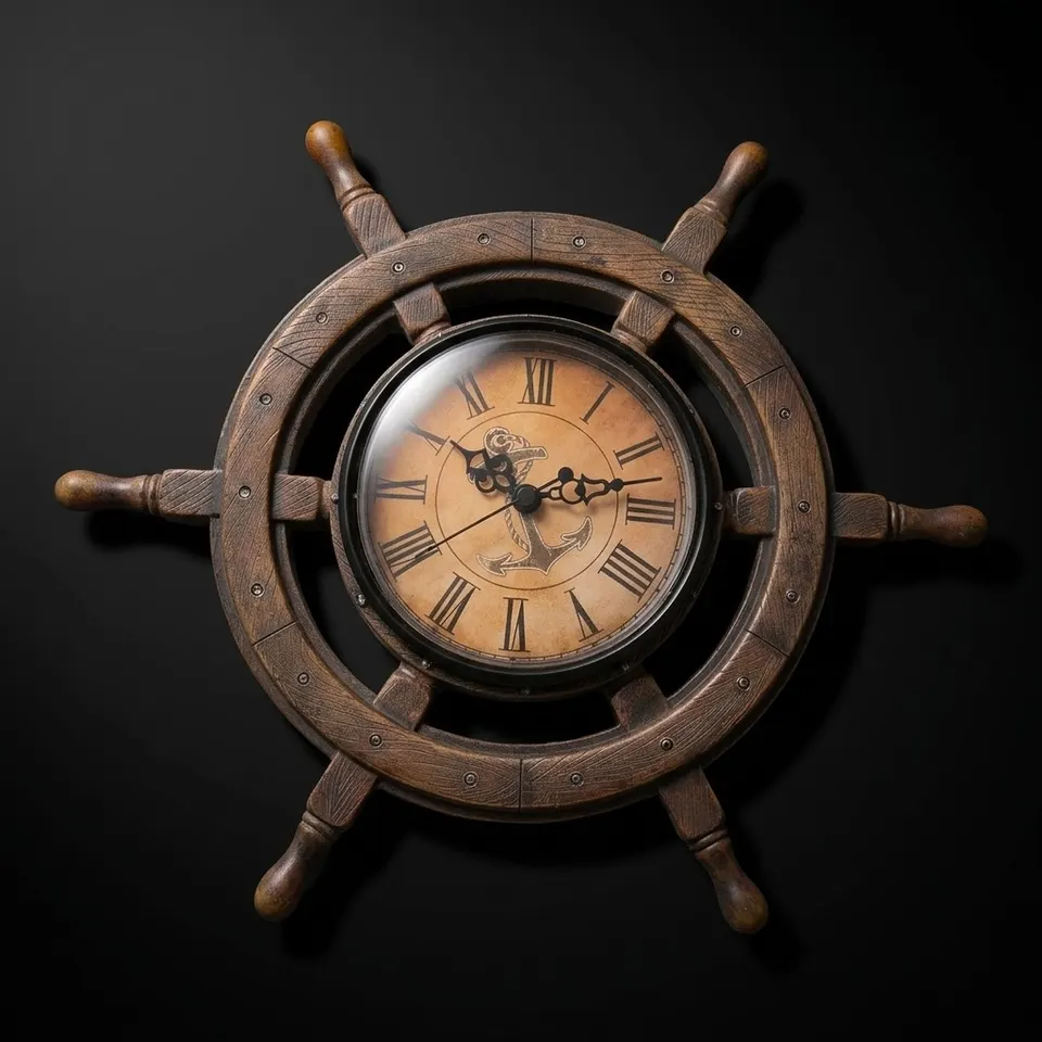 Cast Resin Ship Wheel Wall Clock Roman Numerals