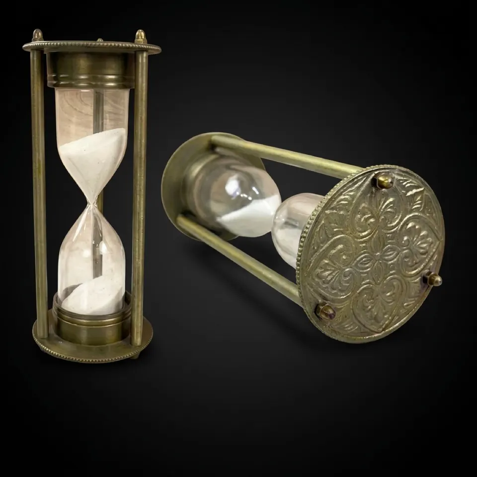 Antique Brass Hourglass, 5-Minute, White Sand