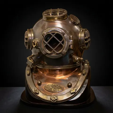 Copper Diving Helmet with Brown Antique Finish and Dark Brown Wooden Base view 1