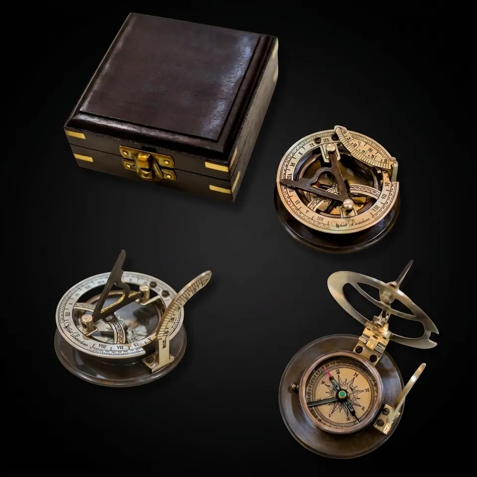 Black Antique Brass Sundial Compass with Black Wooden Presentation Box