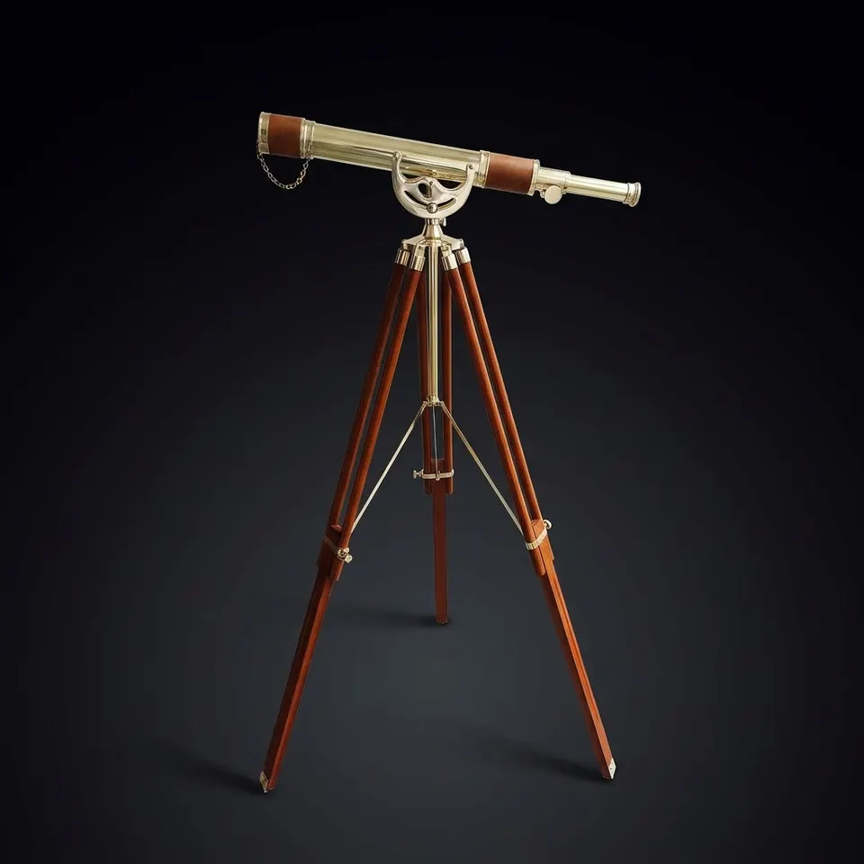 Brass, Leather & Wood Floor Standing Telescope 60" with Wooden Tripod