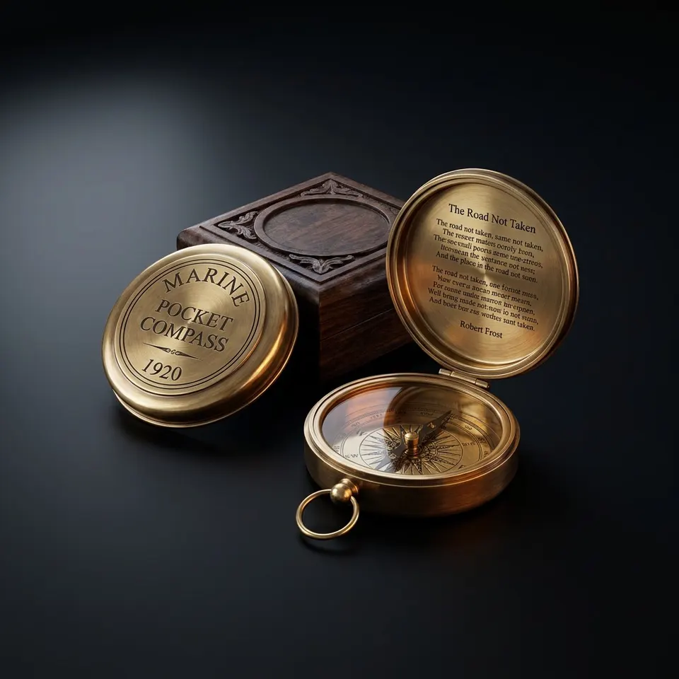 Robert Frost Quote Compass, Leather Case