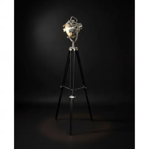 Chrome Spotlight on Black Wooden Tripod view 1