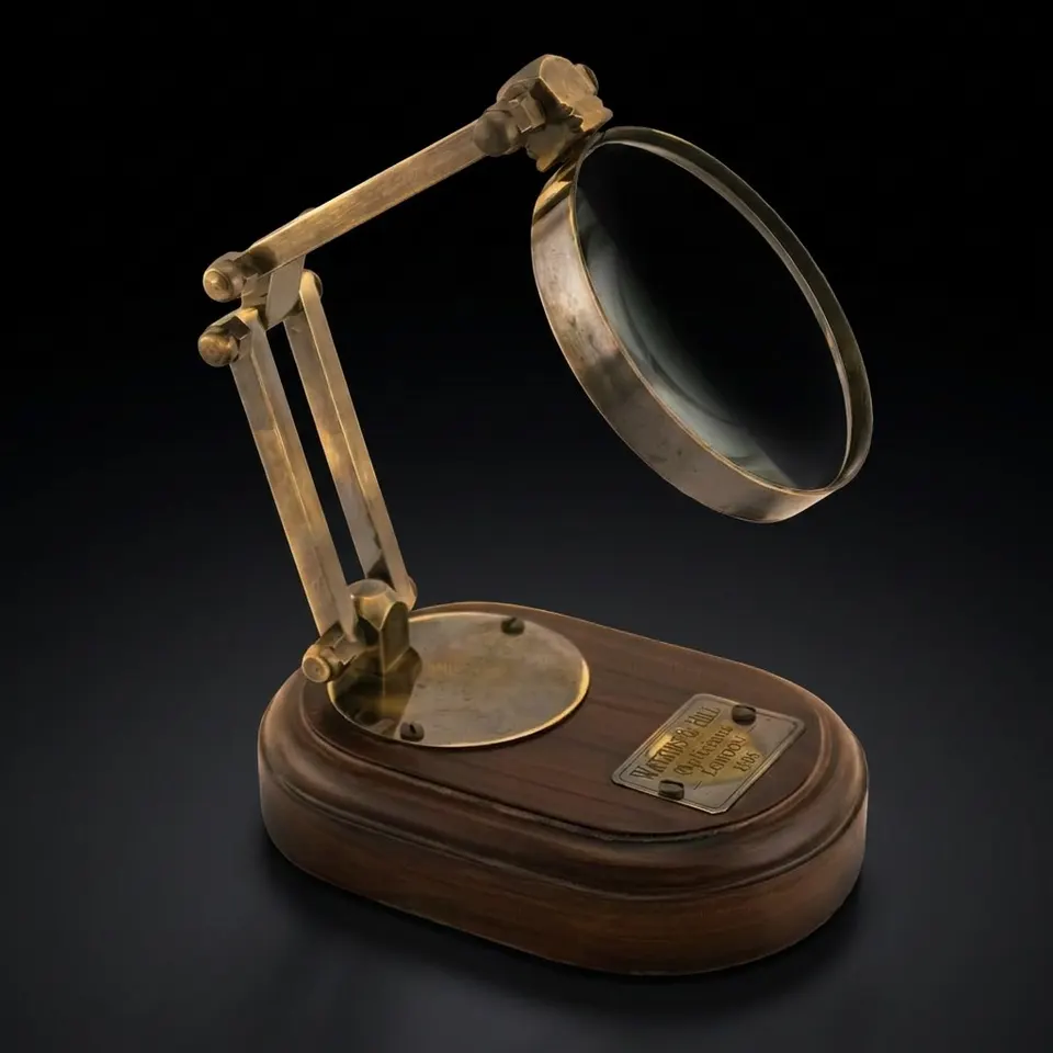 All-Brass Magnifier 3" on Three-Hinge Adjustable Wooden Base Stand