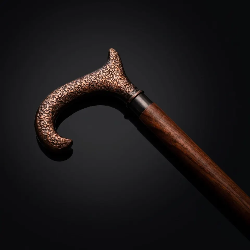 Antique Brass Floral Engraved Handle Rosewood Walking Stick
