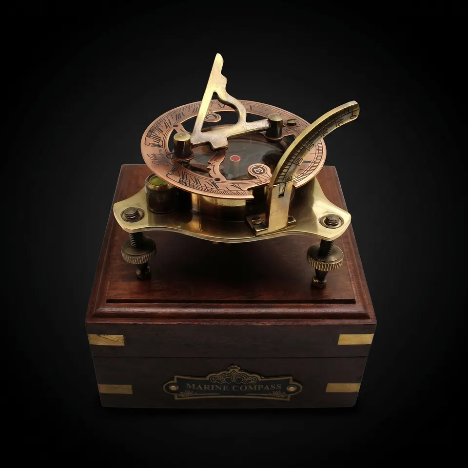 Antique Brass Sundial Compass with Fitted Wooden Presentation Box