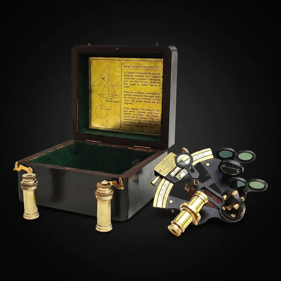 Black Powder Coated Brass Sextant with Two Extra Telescopes and Wooden Box