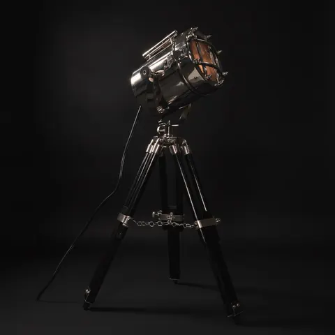 Chrome Spotlight on Black Wooden Tripod view 1