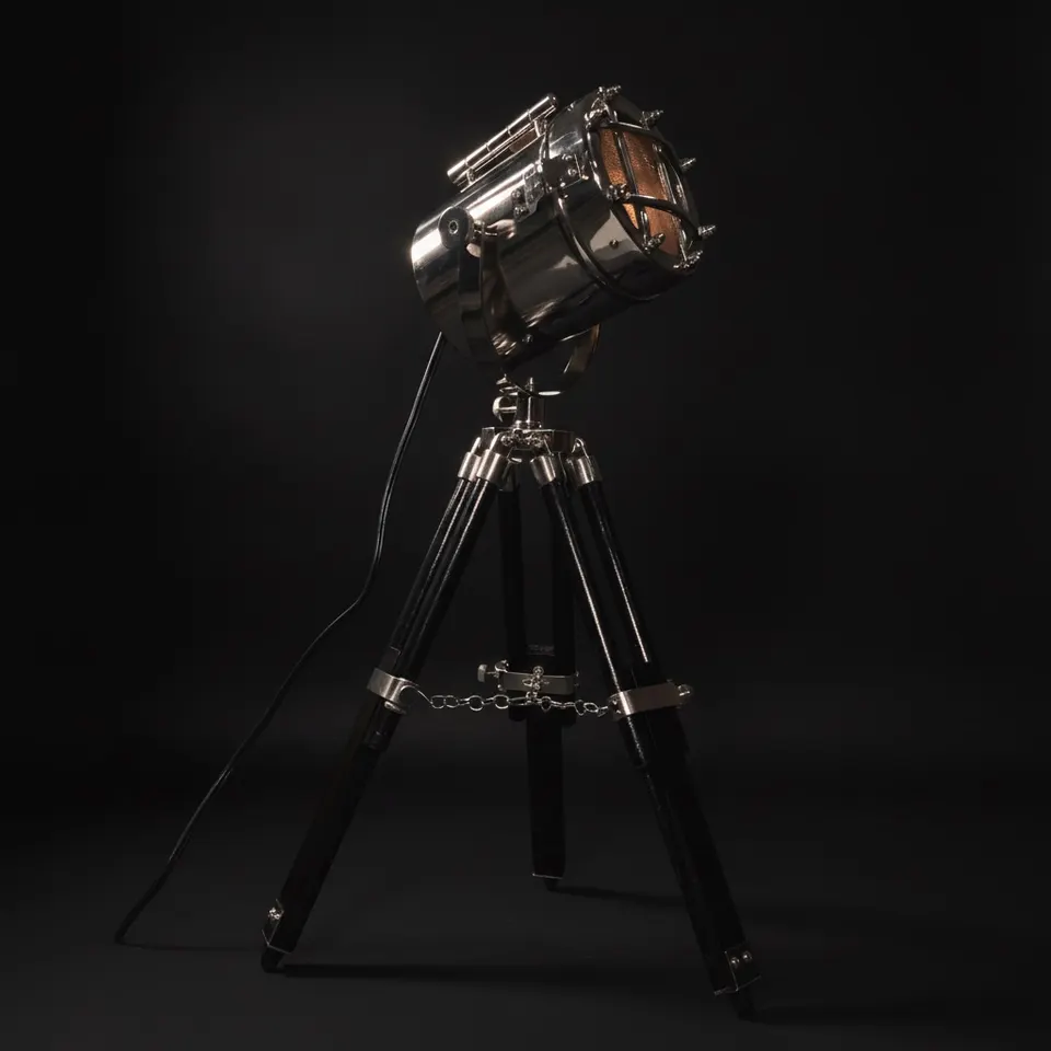 Chrome Spotlight on Black Wooden Tripod