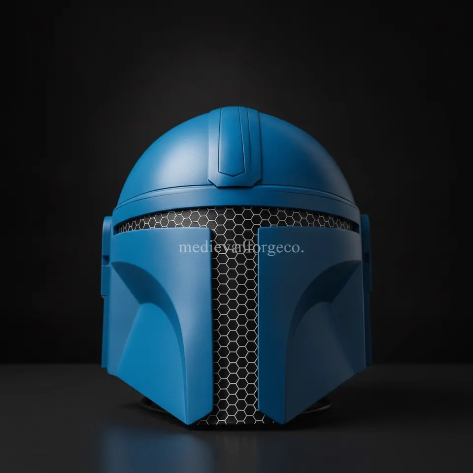 Blue Fantasy Warrior Mandalorian Helmet — Sci-Fi Display