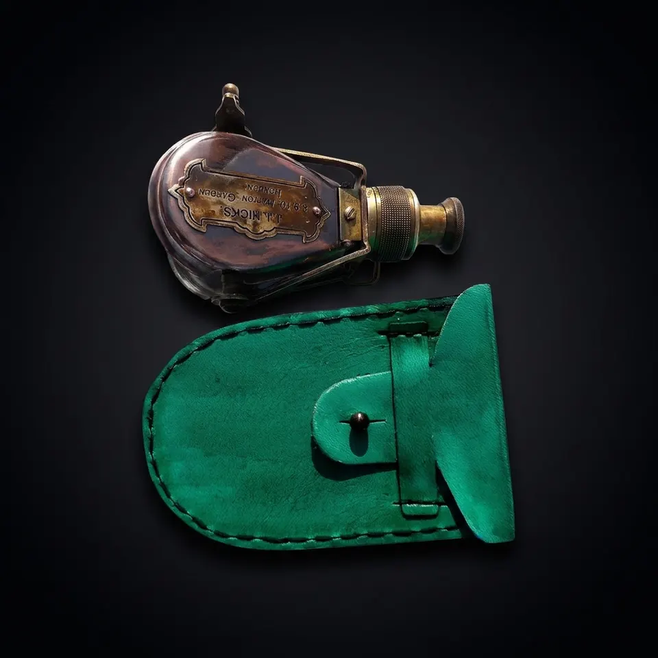 Folding Brass Monocular with Green Leather Case