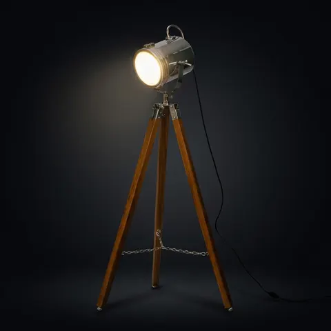 Chrome Spotlight on Wooden Tripod view 1