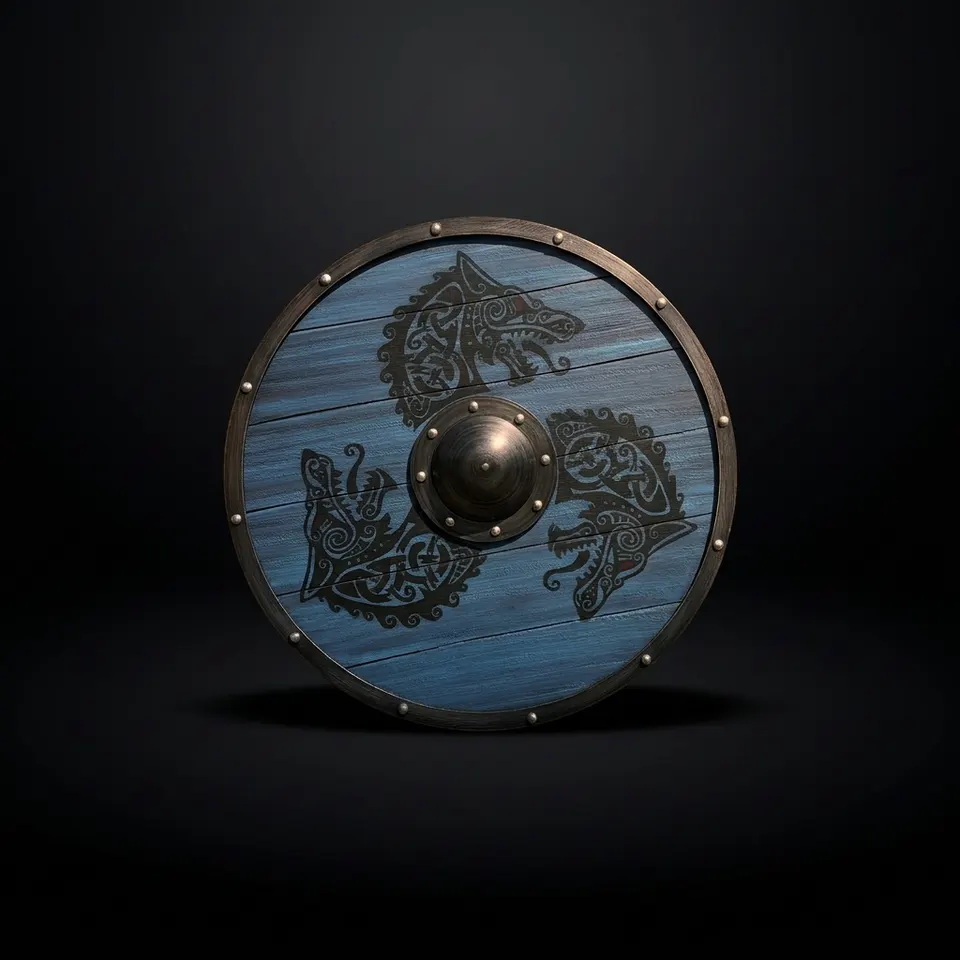 Handmade Viking Shield with Fenrir Wolf Knot Blue Wood LARP