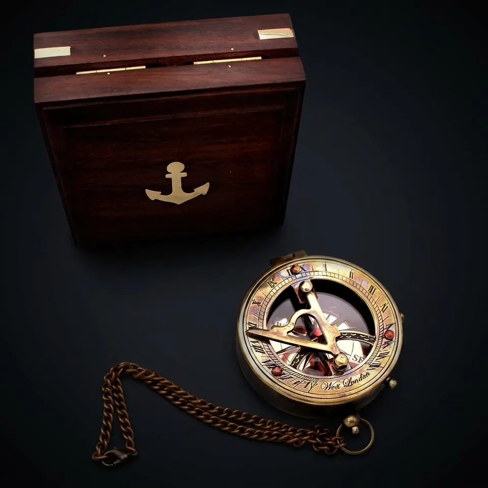 Antique Brass Sundial Compass with Rosewood Presentation Box