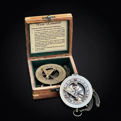 Antique Brass Sundial Compass with Fitted Wooden Presentation Box view 1