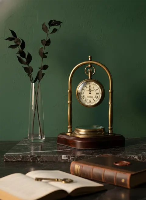Brass Desk Clock with Working Compass, Double Sided Face view 1