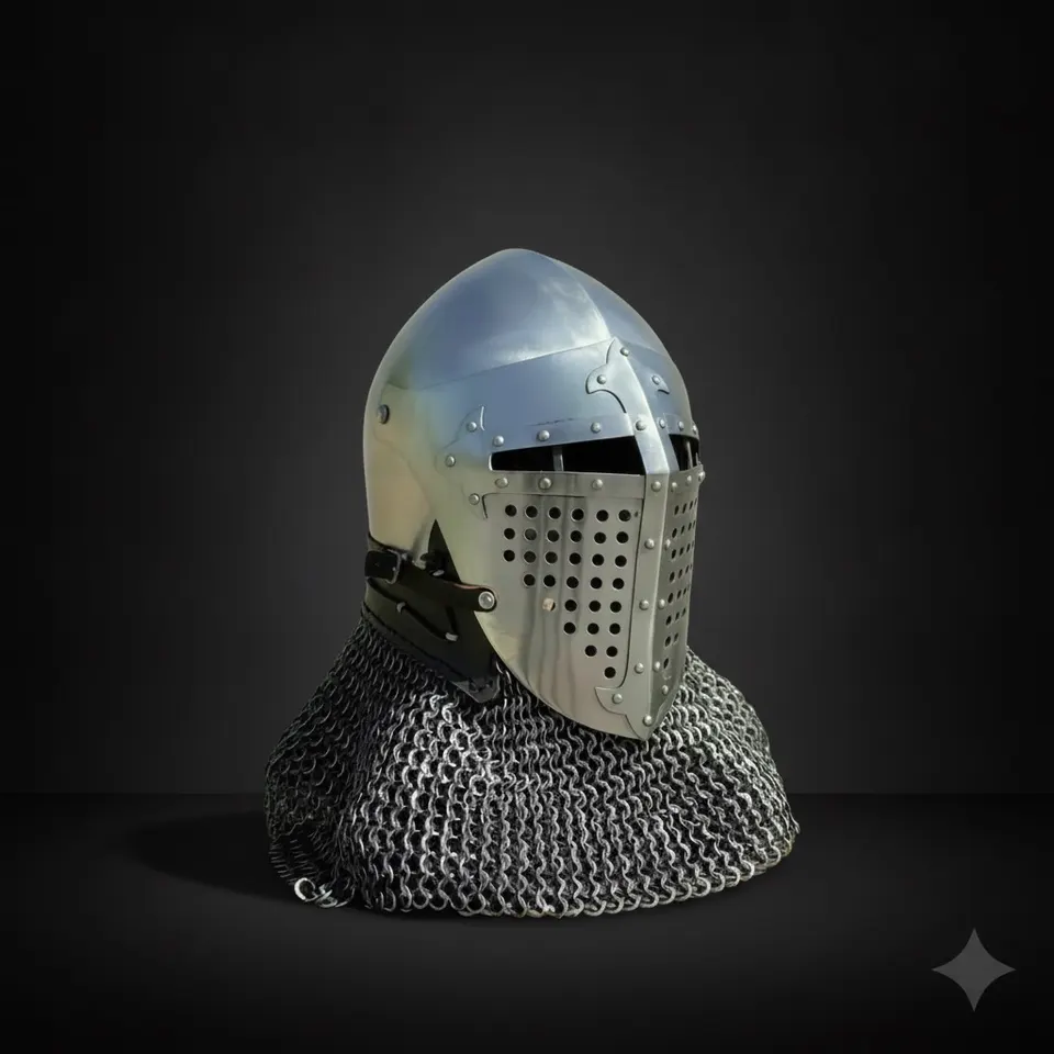Steel Crusader Knight Helmet with Chainmail — Display