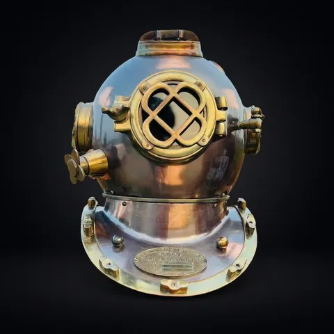 Mark V Diving Helmet with Reddish Brown Finish and Wooden Base view 1