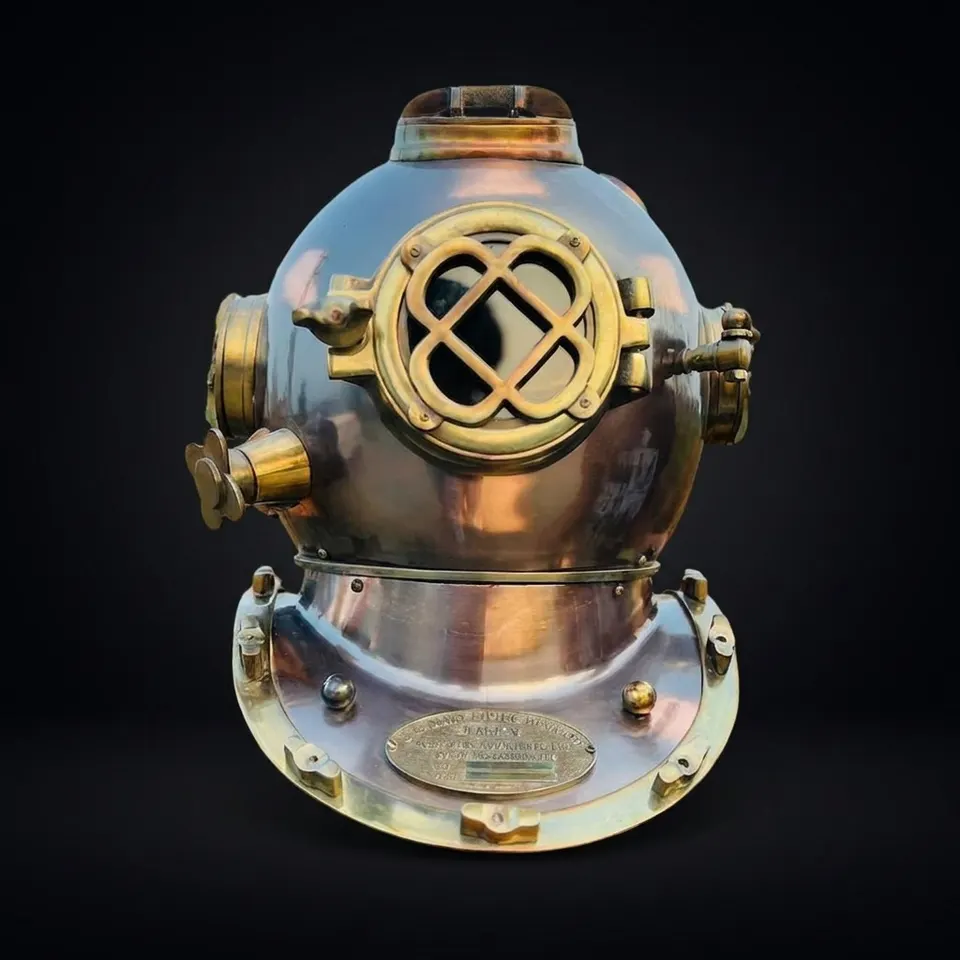 Mark V Diving Helmet with Reddish Brown Finish and Wooden Base