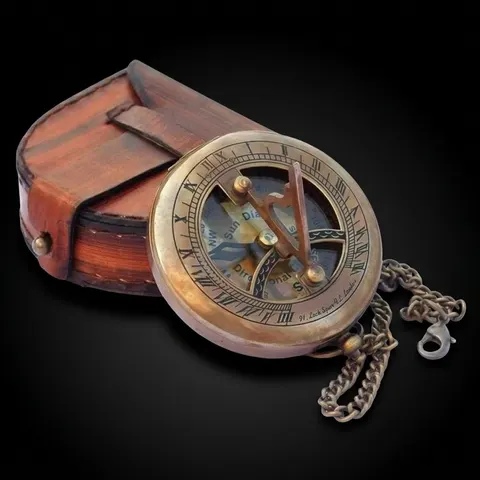 Antique Brass Sundial Compass with Wooden Box view 1
