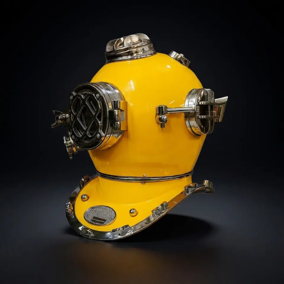 Mark V Diving Helmet with Yellow Finish and Chrome Nickel Highlights