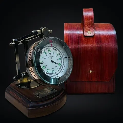 Foldable Brass Desk Clock with Red Leather Case view 1