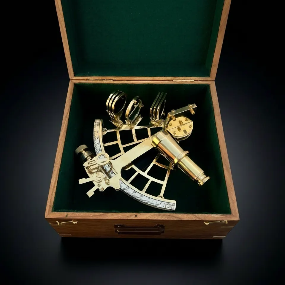 Polished Brass Sextant with Green Velvet Lined Wooden Box