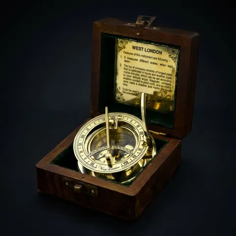 Antique Brass Sundial Compass with Wooden Box view 1