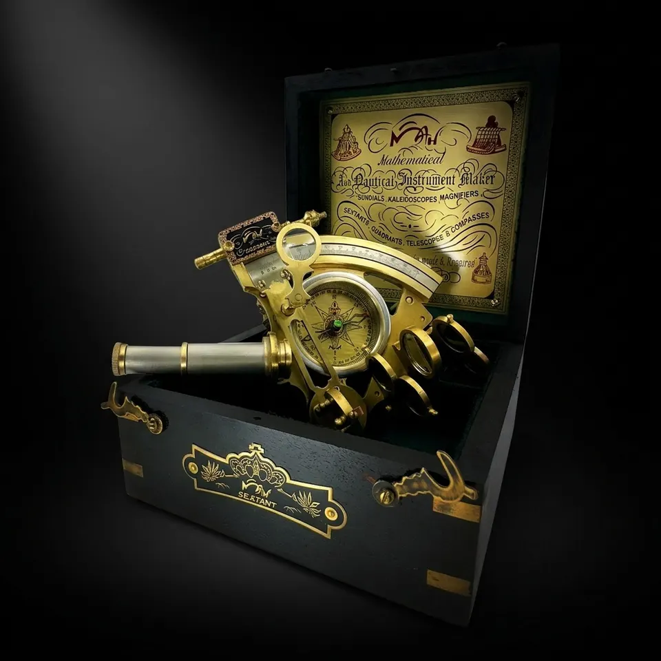 Antique Brass Sextant with Built-In Compass and Black Wooden Box