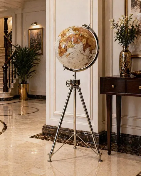 Large White Globe on All-Brass Chrome Tripod Stand view 1