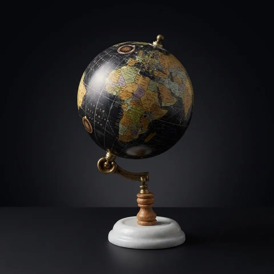 Desk Globe with Dark Map on Marble Base with Wooden and Brass Support