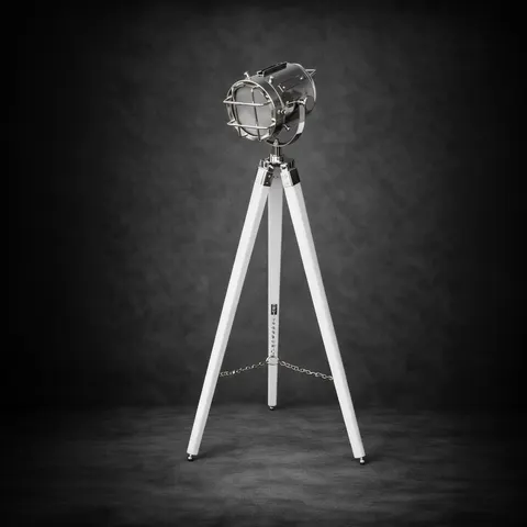 Chrome Spotlight on White Wooden Tripod view 1