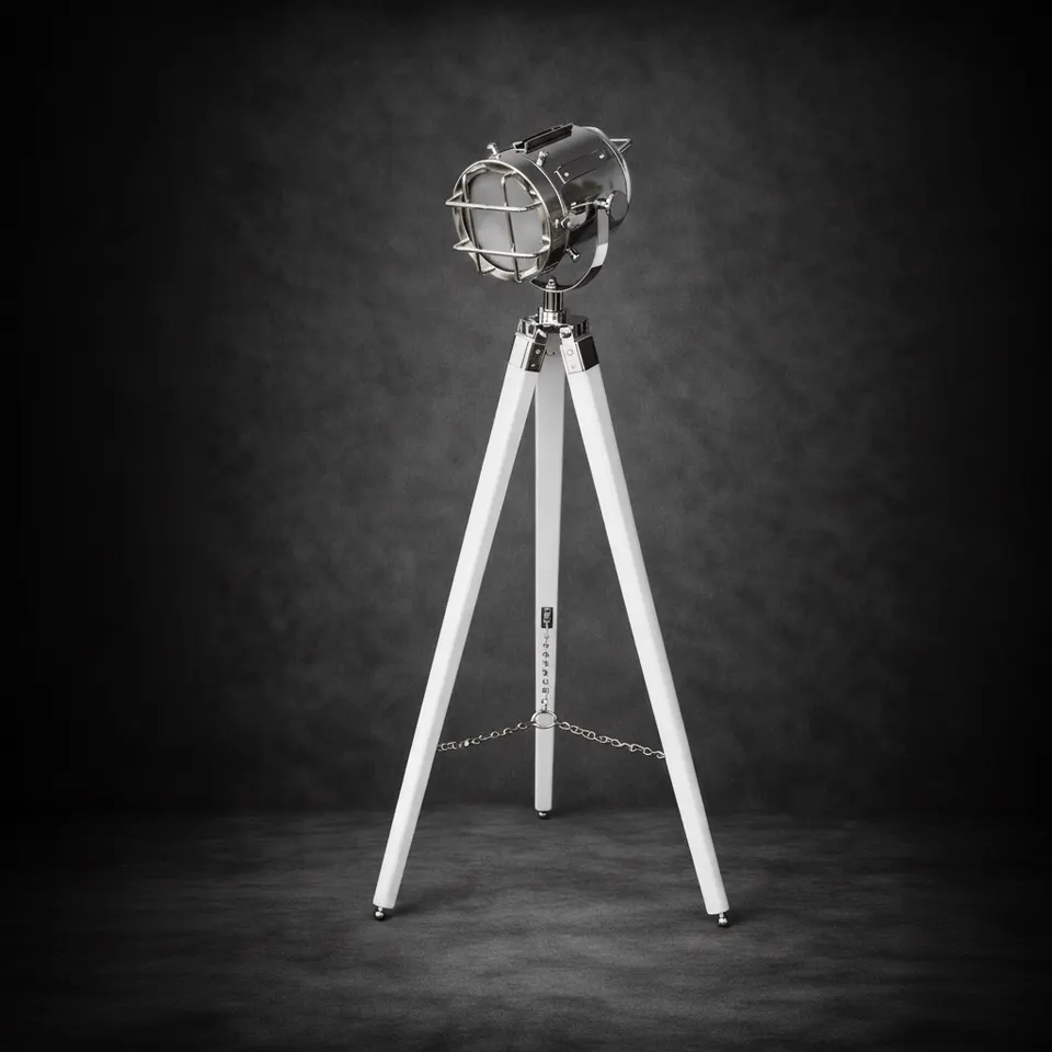 Chrome Spotlight on White Wooden Tripod