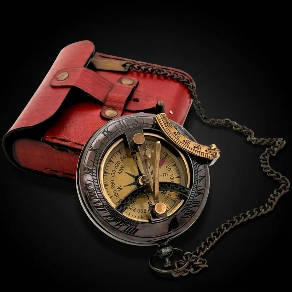 Antique Brass Sundial Compass with Red Leather Case