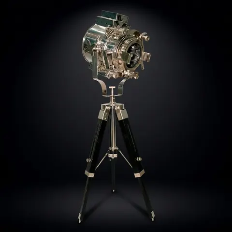 Chrome Spotlight on Black Wooden Tripod view 1