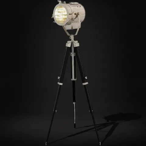 Chrome Spotlight on Black Wooden Tripod view 1