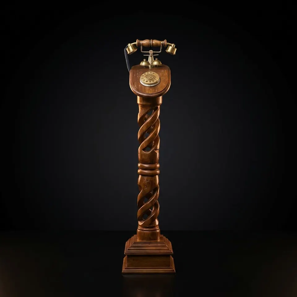 Floor-Standing Carved Teak Rotary Dial Telephone