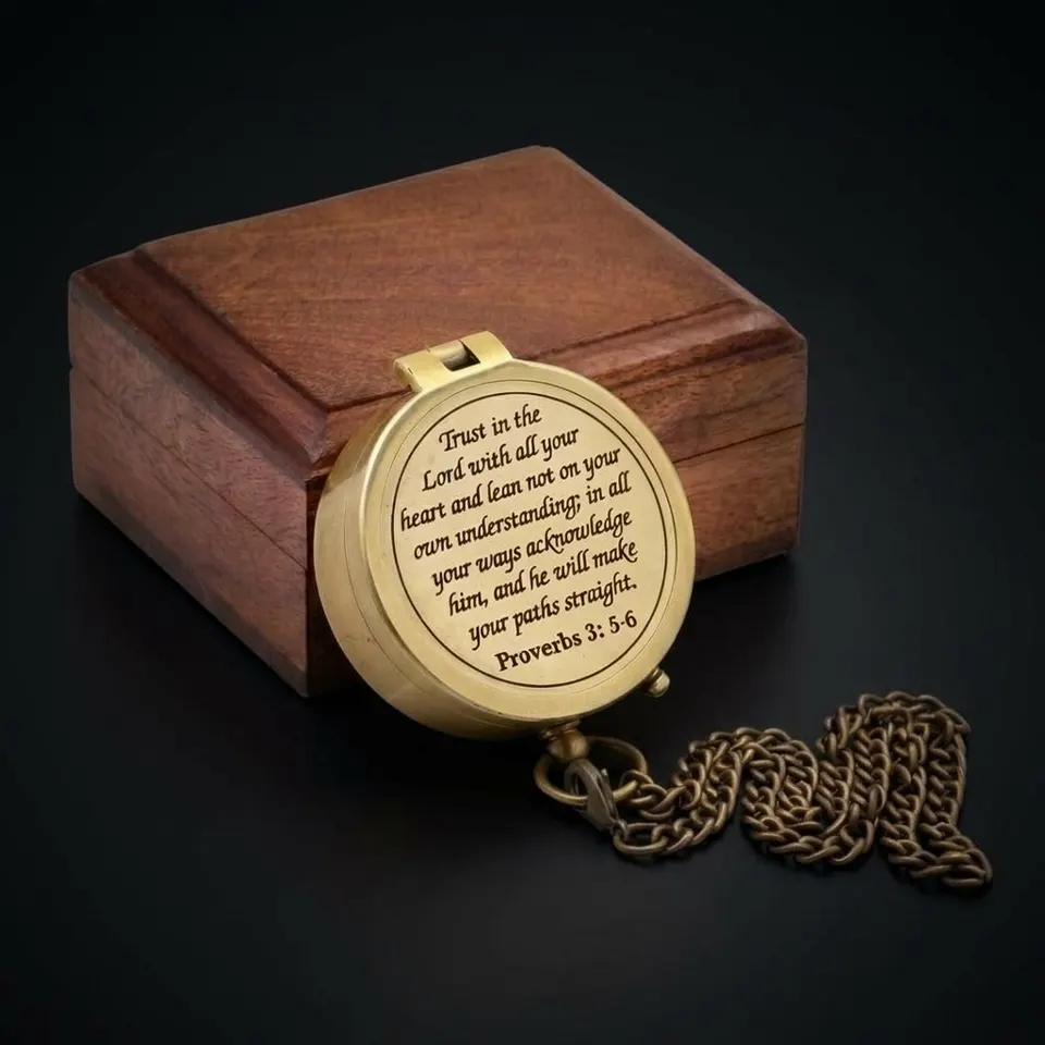 Proverbs 3:5-6 Compass, Wooden Box