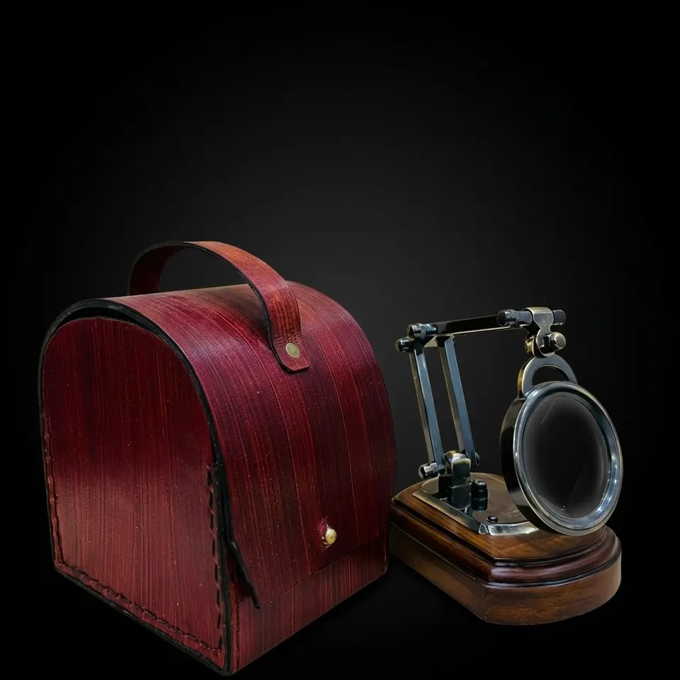 Antique Brass Magnifier 3.5" on Wooden Stand with Red Leather Case