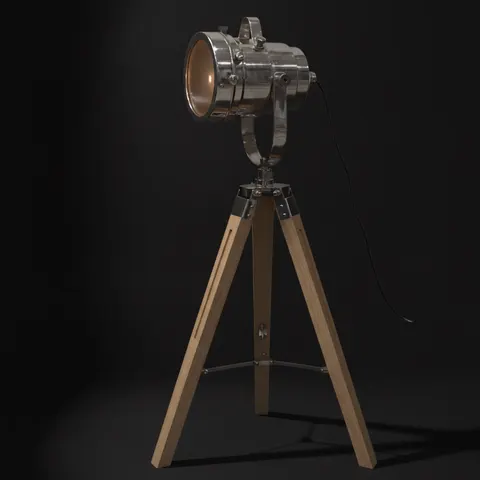 Chrome Spotlight on Teak Wood Tripod view 1